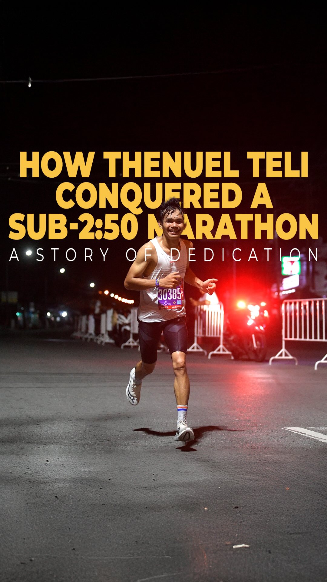 “Just go, go, go, and you will reach the level you’ve always dreamed of.” - Thenuel Teli

The Sarawakian is showing us that the only limit is the one you set for yourself. 

From aiming for a sub-3 marathon to smashing a sub-2:50 finish, Nuel’s dedication and hard work speak for themselves in his training routine.

The journey is far from over, and he is just getting started.